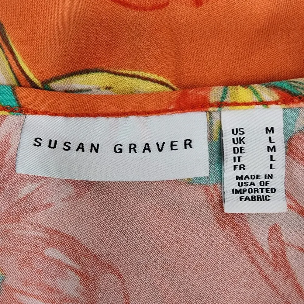 Susan Graver Womens Tunic Liquid Knit Top Orange Floral Asymmetrical Hem Medium